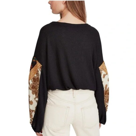 NWT FREE PEOPLE womens SHIRT boho BLACK blouse TOP ribbed CROPPED size M - Picture 5 of 16